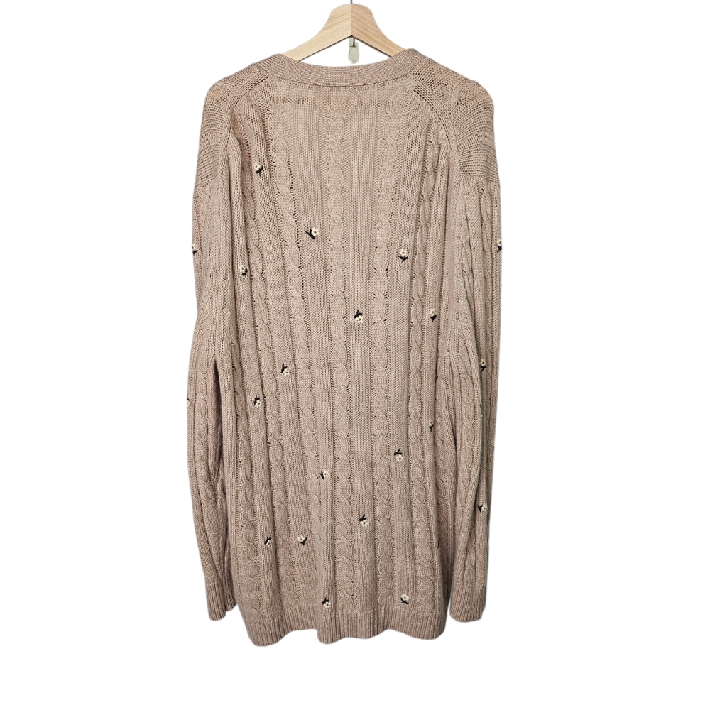 The Great  Embroidered Wool Cashmere Knit Cardigan Oatmeal Long Size 1 US Small - Picture 4 of 11
